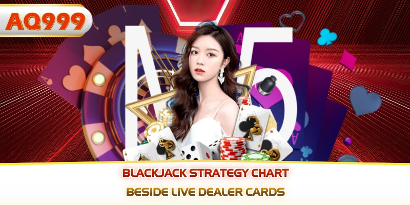 Blackjack strategy chart beside live dealer cards