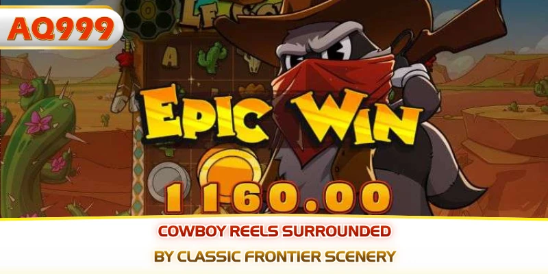 Cowboy reels surrounded by classic frontier scenery