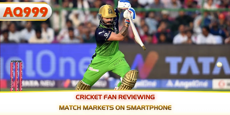 Cricket fan reviewing match markets on smartphone