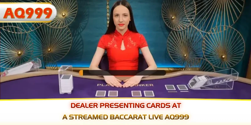 Dealer presenting cards at a streamed baccarat live AQ999