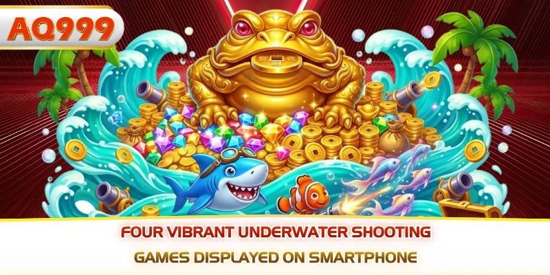Four vibrant underwater shooting games displayed on smartphone