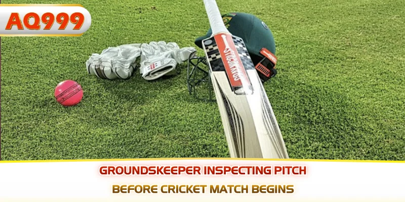Groundskeeper inspecting pitch before cricket match begins