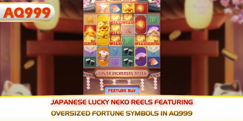 Japanese lucky neko reels featuring oversized fortune symbols in AQ999