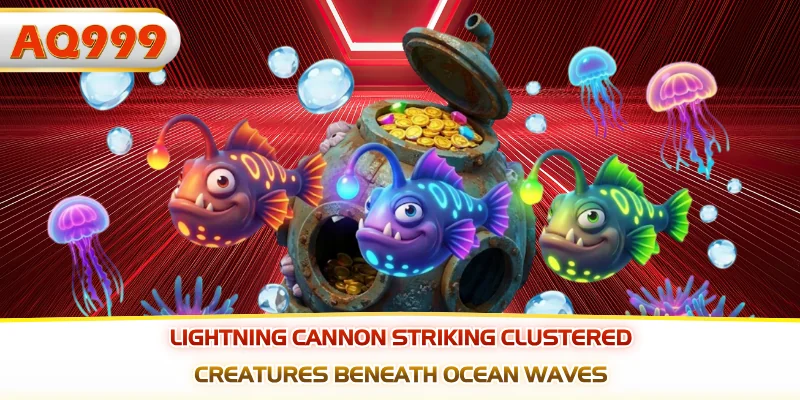 Lightning cannon striking clustered creatures beneath ocean waves