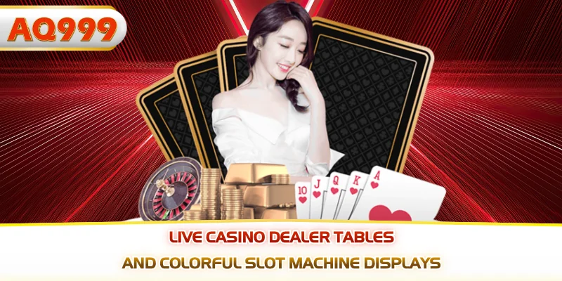 Live casino dealer tables and colorful slot machine displays