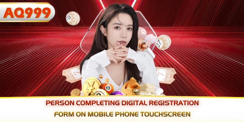 Person completing digital registration form on mobile phone touchscreen