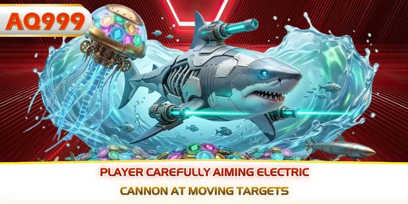 Player carefully aiming electric cannon at moving targets