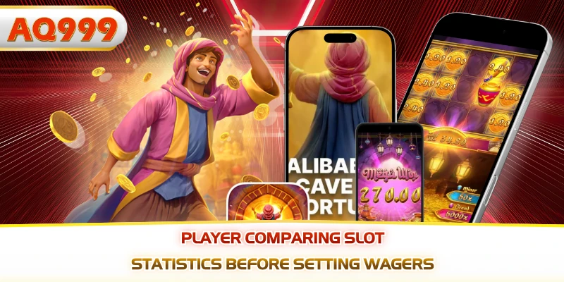 Player comparing slot statistics before setting wagers