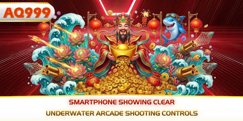 Smartphone showing clear underwater arcade shooting controls