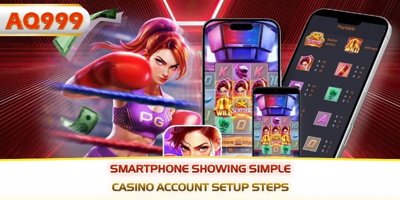 Smartphone showing simple casino account setup steps